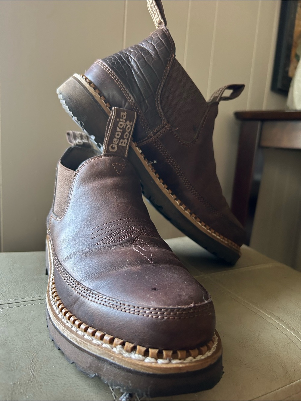 Georgia Boot Brown Slip-On Cowboy Work Boots with Pull Tabs